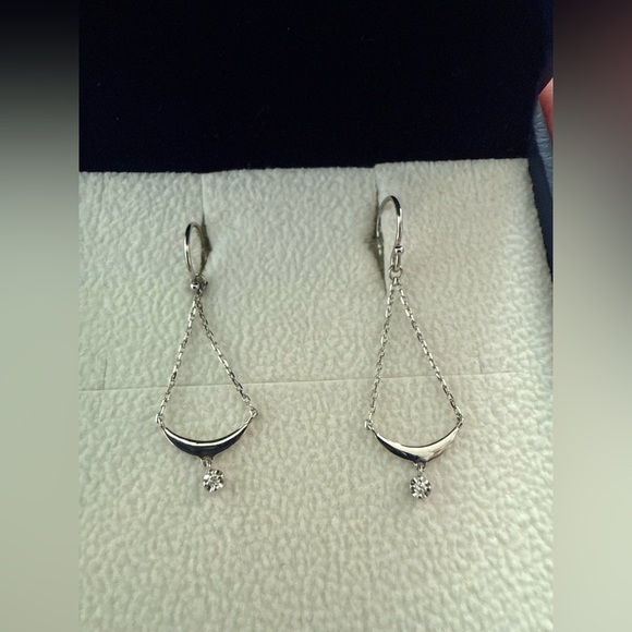 Platinum Crescent Moon Drop Diamond Earrings - Picture 3 of 8